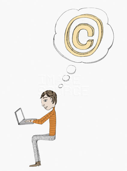 Thought bubble with a copyright symbol above a man working on a laptop